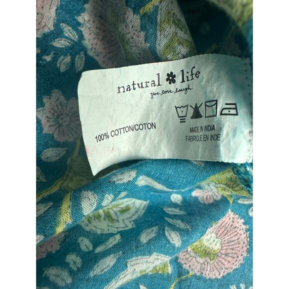 Natural Life Size M Boho 70s Block Print Button Down Shirt Blue Floral Vines - Picture 9 of 9